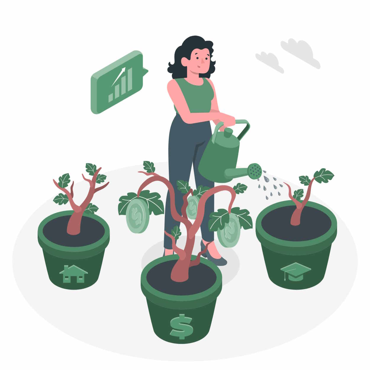 Grafik zeigt Frau, wie sie ihre Geldbäume gießt. Das steht als Sinnbild für die Steuervorteile, die man durch eine Rürup Rente erhält.