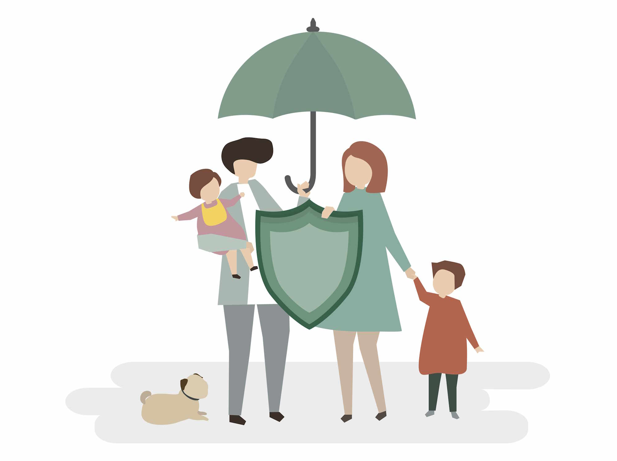 Grafik zeigt eine Familie mit grünem Regenschirm und Schutzschild. Das steht sinnbildlich für die Absicherung, die durch den Versicherungsmakler aus Karlsruhe erreicht werden kann